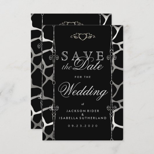 Stilvolle Hochzeit in Silver & Black Giraffe Muste Save The Date (Vorne/Hinten)