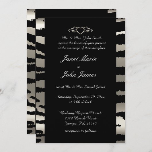 Stilvolle Hochzeit in Silver & Black Zebra Streife Einladung (Vorne/Hinten)