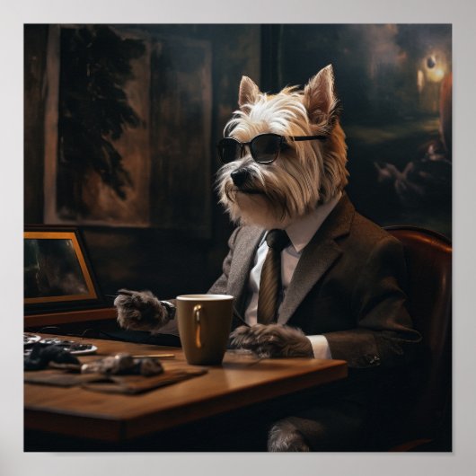 Stilvolle Hunde in einem Anzug trinken Kaffeeposte Poster (Vorne)