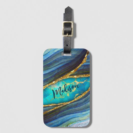 Stilvolle Imitate aus blauem Marmor Gold Glitzer Gepäckanhänger (Vorderseite Vertikal)