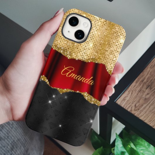 Stilvolle Imitate Glitzer Red Gold Schwarze Monogr Case-Mate iPhone Hülle