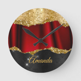 Stilvolle Imitate Glitzer Red Gold Schwarze Monogr Runde Wanduhr