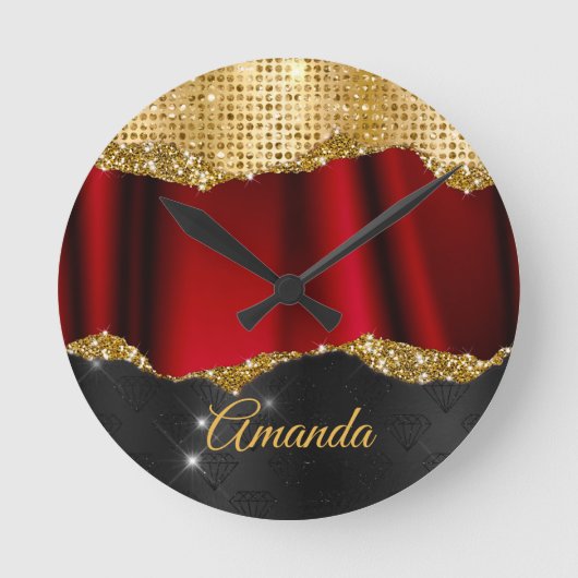 Stilvolle Imitate Glitzer Red Gold Schwarze Monogr Runde Wanduhr (Vorderseite)
