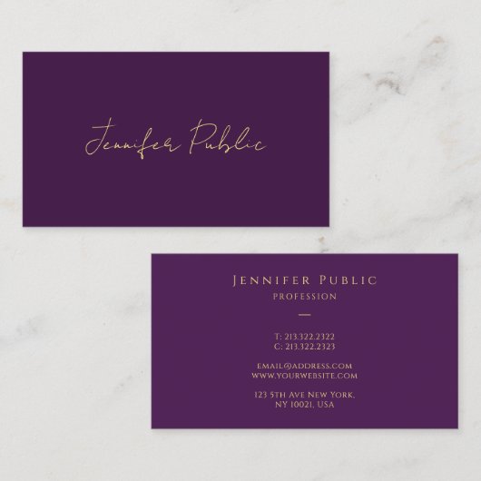 Stilvolle Imitate Gold Calligraphy Script Lila Visitenkarte (Vorne/Hinten)
