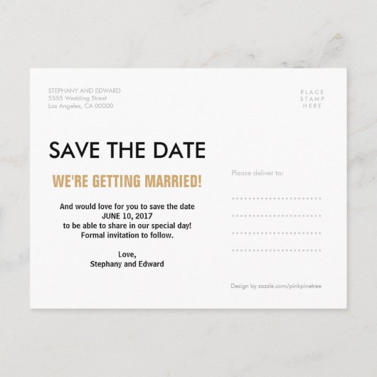 Stilvolle Imitats Gold Glitzer Save the Date Postk Ankündigungspostkarte (Rückseite)