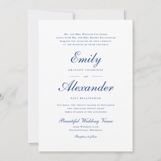 Stilvolle Indigo Blue Script Wedding Einladung (Vorderseite)