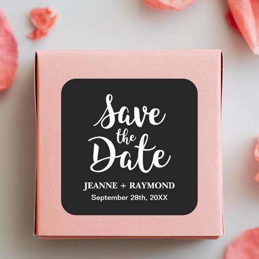 Stilvolle Kalligrafie Black Wedding Save the Date Quadratischer Aufkleber