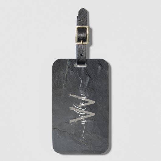 Stilvolle Karkohle Gray Stone Script Monogram Gepäckanhänger (Vorderseite Vertikal)