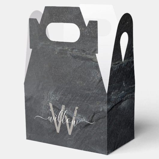 Stilvolle Karkohle Gray Stone Script Monogram Geschenkschachtel (Geöffnet)