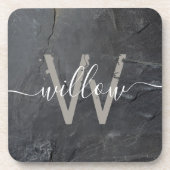 Stilvolle Karkohle Gray Stone Script Monogram Getränkeuntersetzer (Vorderseite)