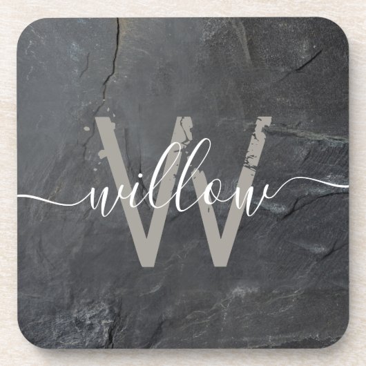 Stilvolle Karkohle Gray Stone Script Monogram Getränkeuntersetzer (Vorderseite)