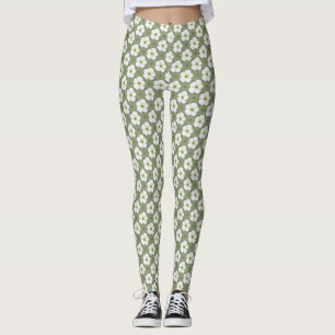 Stilvolle Khaki White Blume Blumenmuster Leggings