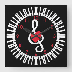 Stilvolle Klaviertasten Herz- und Musiknoten Quadratische Wanduhr