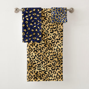 Stilvolle königsblaue und goldene Folien-Leoparden Badhandtuch Set