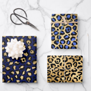 Stilvolle königsblaue und goldene Folien-Leoparden Geschenkpapier Set