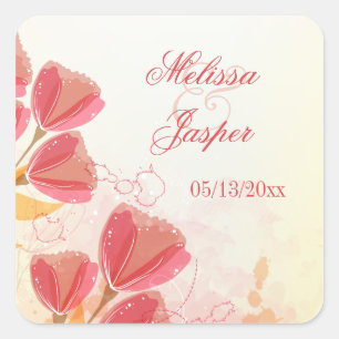 Stilvolle Lachs-Rosa Tulpen Hochzeitsticker Quadratischer Aufkleber