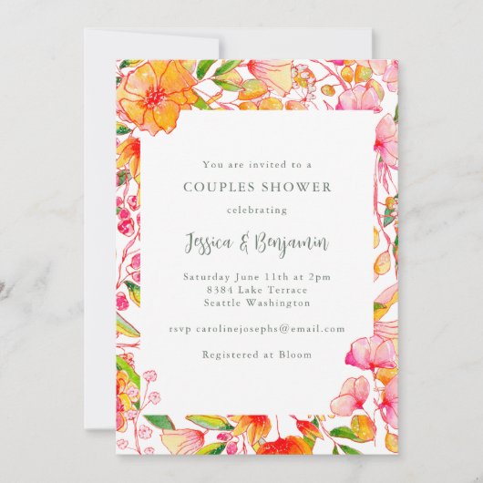 Stilvolle, lebhafte Rosa Orange Blumendusche Einladung (Vorderseite)