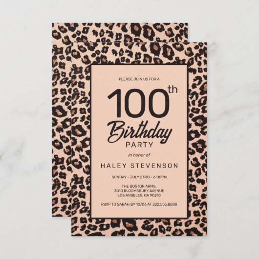 Stilvolle Leopard Animal Print Trendy 100. Geburts Einladung (Vorne/Hinten)