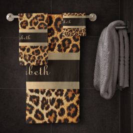 Stilvolle Leopard-Muster, Braun- und Goldstreifen Badhandtuch Set