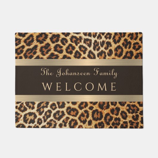 Stilvolle Leopard Print Brown und Gold Stripe Name Fußmatte (Vorderseite)