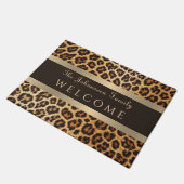 Stilvolle Leopard Print Brown und Gold Stripe Name Fußmatte (Schrägansicht)