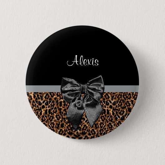 Stilvolle Leopard Print Elegant Black Bow und Name Button (Vorderseite)