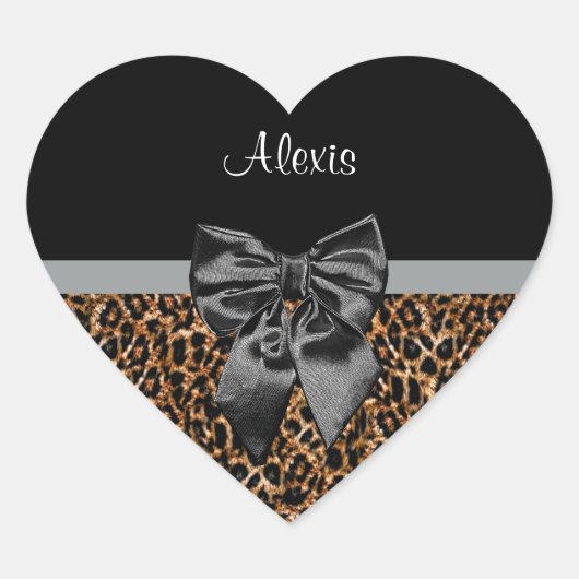 Stilvolle Leopard Print Elegant Black Bow und Name Herz-Aufkleber (Vorderseite)
