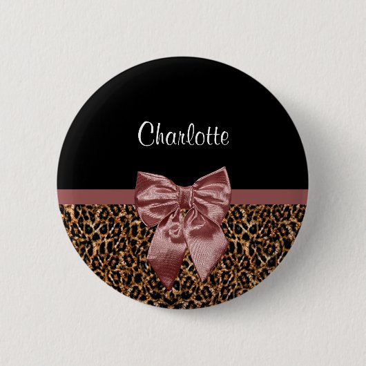 Stilvolle Leopard Print Elegant Brown Bow und Name Button (Vorderseite)