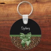 Stilvolle Leopard Print Elegant Green Bow und Name Schlüsselanhänger (Vorderseite)