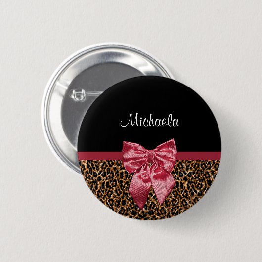 Stilvolle Leopard Print Elegant Red Bow und Name Button (Vorne & Hinten)