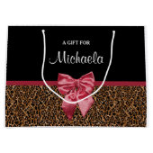 Stilvolle Leopard Print Elegant Red Bow und Name Große Geschenktüte (Vorderseite)