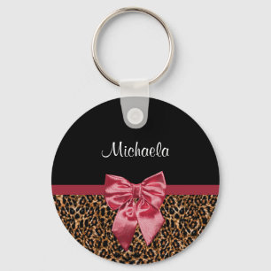 Stilvolle Leopard Print Elegant Red Bow und Name Schlüsselanhänger