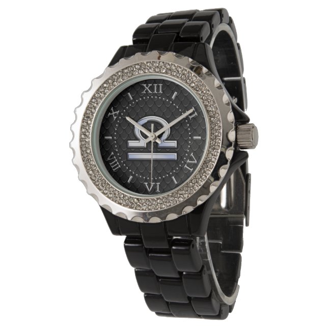 Stilvolle Libra Zodiac Sign Black Snake Skin Dial Armbanduhr (Schrägansicht)