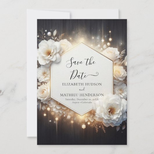 Stilvolle Lights White Roses Wedding Save The Date (Vorderseite)