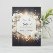 Stilvolle Lights White Roses Wedding Save The Date (Stehend Vorderseite)