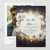 Stilvolle Lights White Roses Wedding Save The Date (Vorne/Hinten)