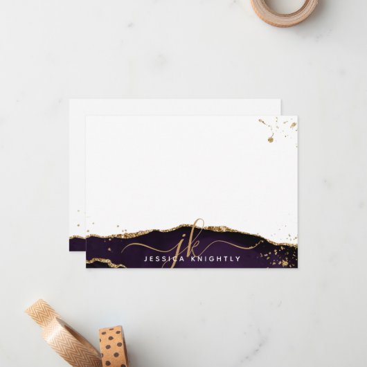 Stilvolle Lila Agate Gold Glitzer Script Monogram Mitteilungskarte (Vorderseite/Rückseite Beispiel)
