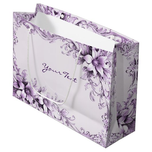 Stilvolle lila Blumen-Geschenktasche Große Geschenktüte (Vorderseite Schrägansicht)
