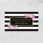 Stilvolle Lila Blütengold Schwarz-weiße Streifen Visitenkarte (Vorderseite)