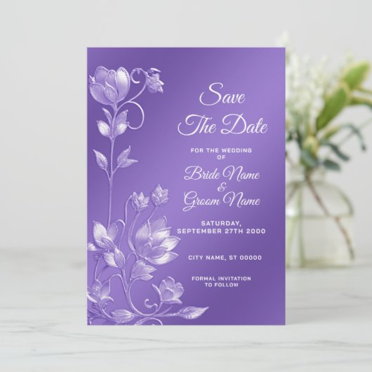 Stilvolle Lila Flora Save the Date (Stehend Vorderseite)