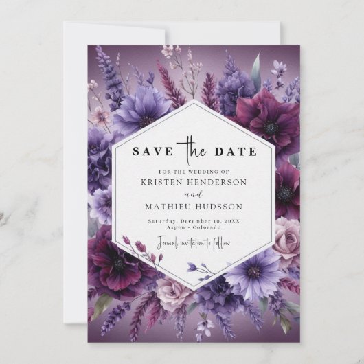 Stilvolle Lila Hochzeit mit Wasserfarbe Save The Date (Vorderseite)