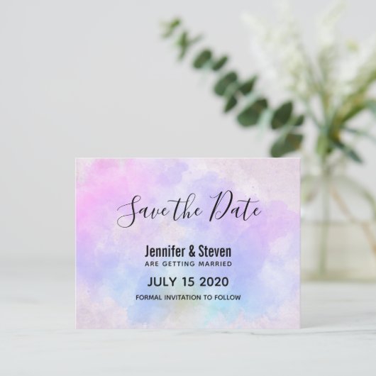 Stilvolle Lila Rosa Blau Wasserfarbe Save the Date Einladungspostkarte (Stehend Vorderseite)