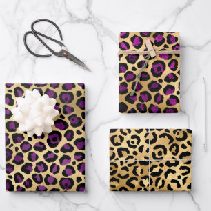 Stilvolle lila und goldene Folien-Leopardenflecken Geschenkpapier Set