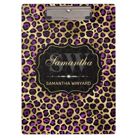 Stilvolle Lila- und Goldleoparden-Monogramm Klemmbrett (Vorderseite)