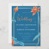 Stilvolle Lotus Blume Orange und Blue Wedding Einladung (Vorderseite)