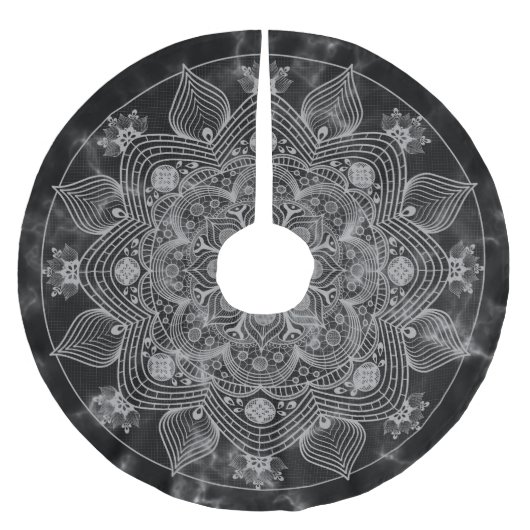 Stilvolle Marble Black and White Floral Mandala Polyester Weihnachtsbaumdecke (Vorderseite)