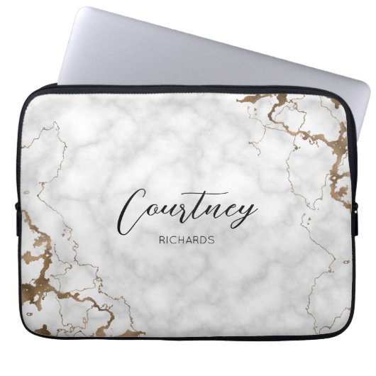 Stilvolle Marble Gold Glitzer Monogram Name oder L Laptopschutzhülle (Vorderseite)