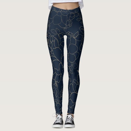 Stilvolle Marineblau-Goldhand gezeichnetes Blumen Leggings (Vorderseite)