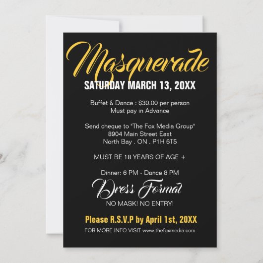 Stilvolle Masquerade-Party Einladung (Rückseite)