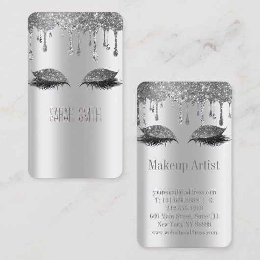 Stilvolle Metallic Silver Glitzer Tropfen Eyelashe Visitenkarte (Vorne/Hinten)